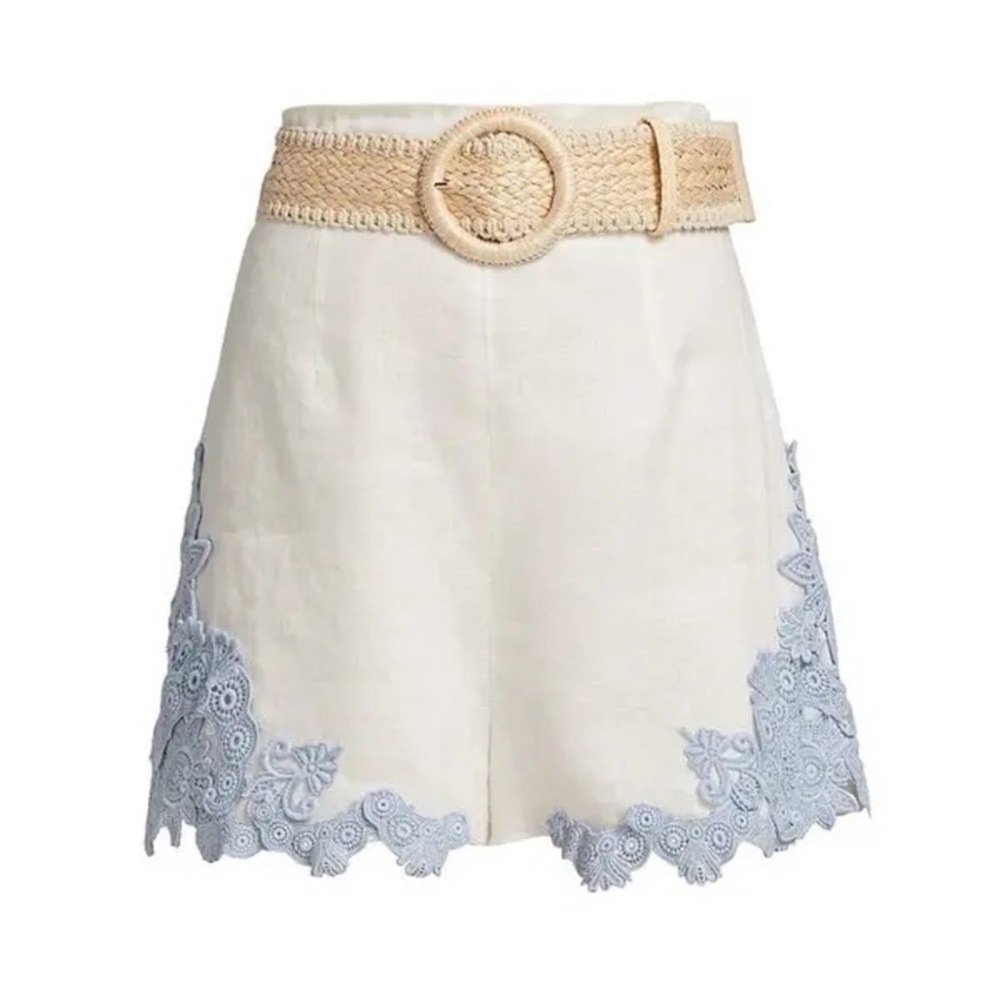 Zimmermann Women's Raie Belted Embroidered Lace Trim Shorts- Ivory Blue